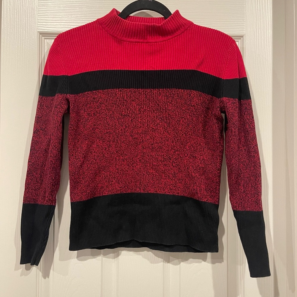 Red & Black Color Block Ribbed Pullover Sweater Karen Scott Mock Neck
